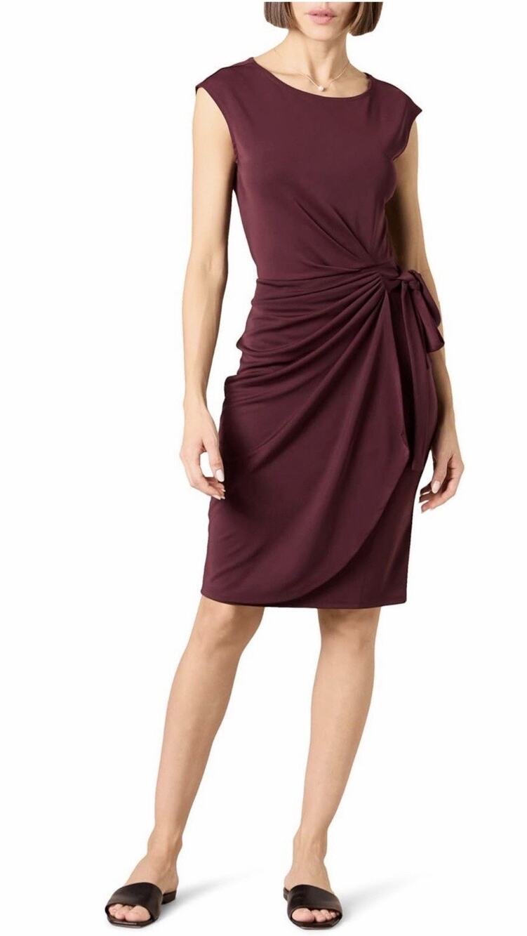 Amazon Essentials Women's Cap Sleeve Boat-Neck Faux Wrap Dress, Burgundy, Med